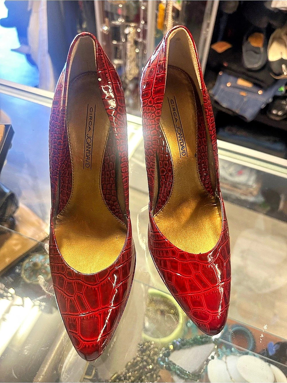Oscar de la Renta Red Crocodile-Embossed Pointed-Toe Heels